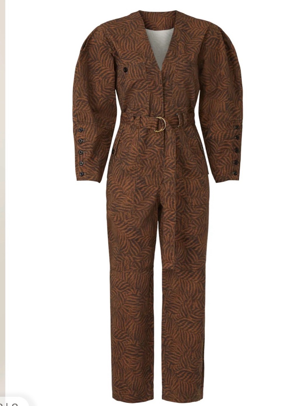 Ulla Johnson Ezra animal print brown cotton barrel leg zipped jumpsuit 10